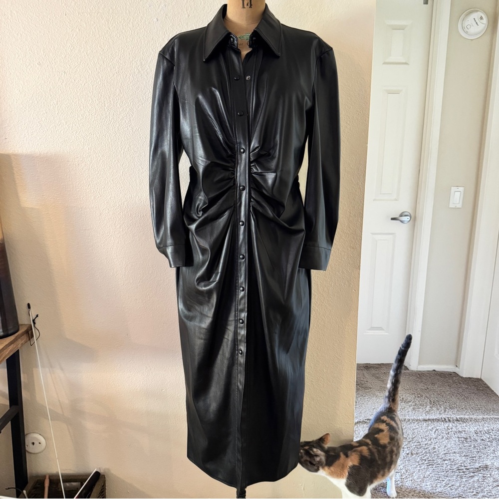Zara faux leather ruched maxi coat dress XL